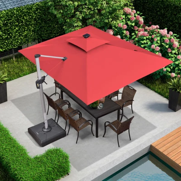REAL RED Rectangular Lighted Cantilever Umbrella With Base